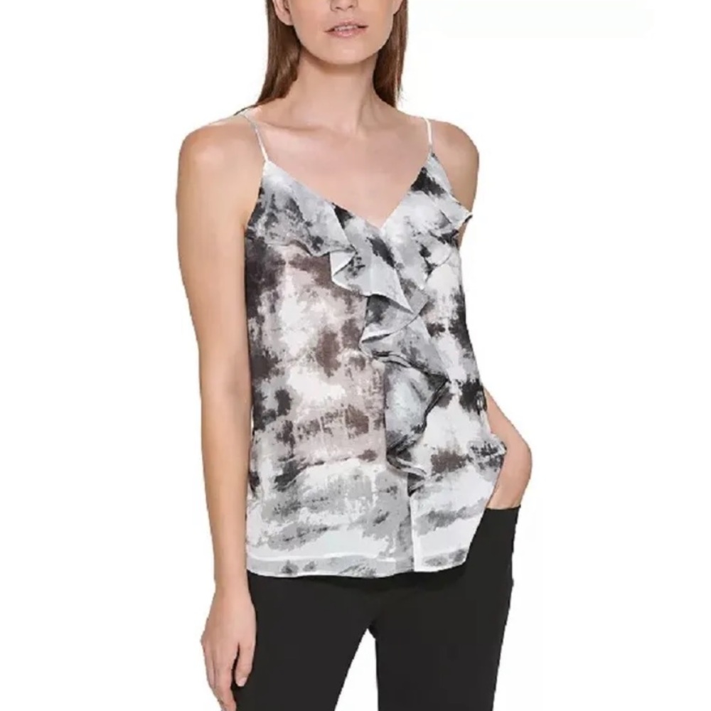 Calvin Klein Large Black White Tie Dye VNeck Ruffle Lined Camisole NWT